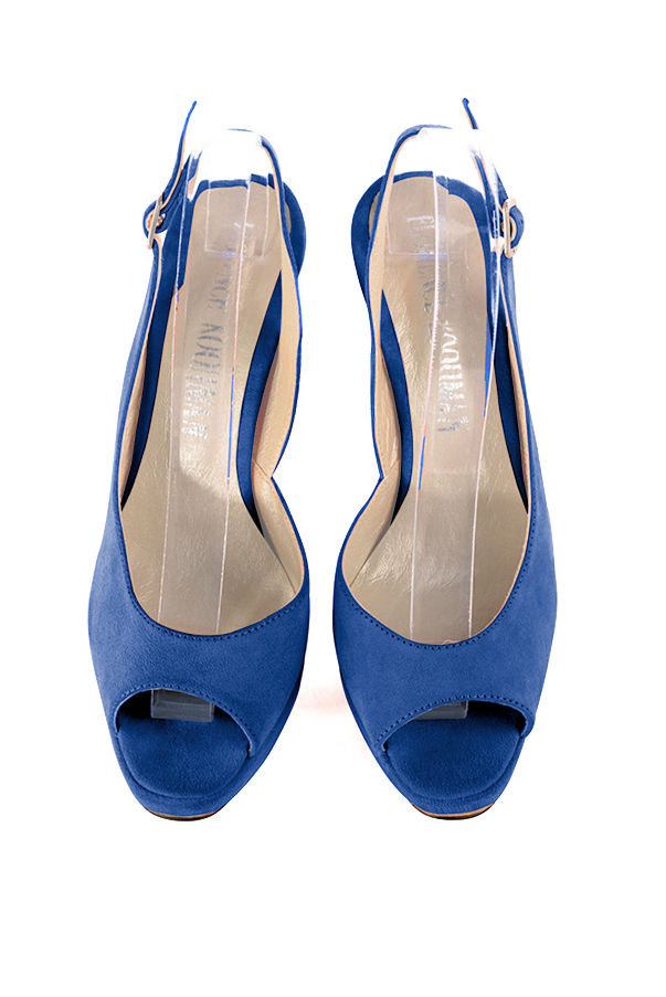 Dress heels peep-toe slingback in electric blue leather with high slim heels with a platform at the front and round toe - Top view